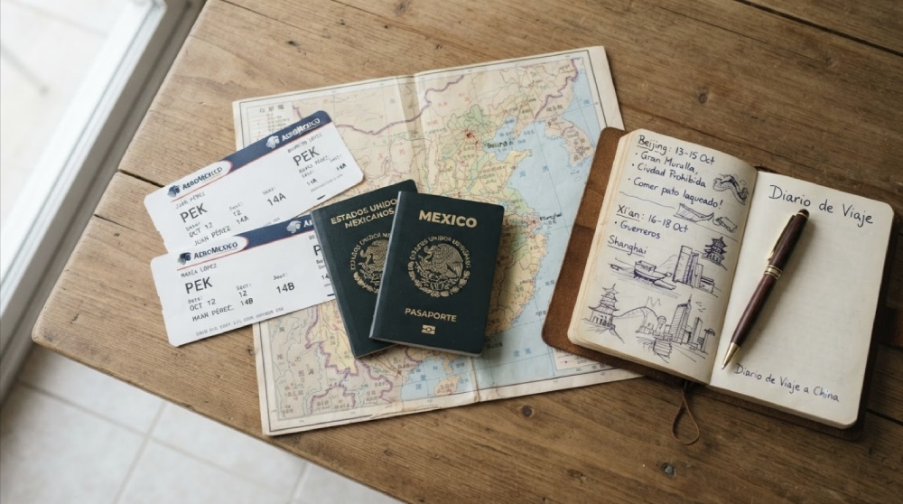 Pasaportes sobre mesa listos para viajar a China